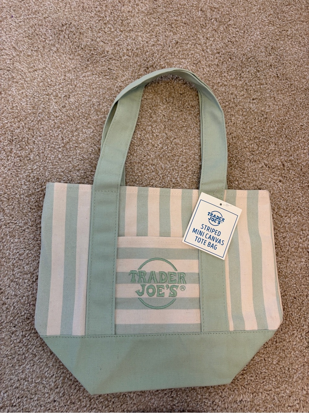 Trader Joe's Mint Green Striped Canvas Tote Bag
